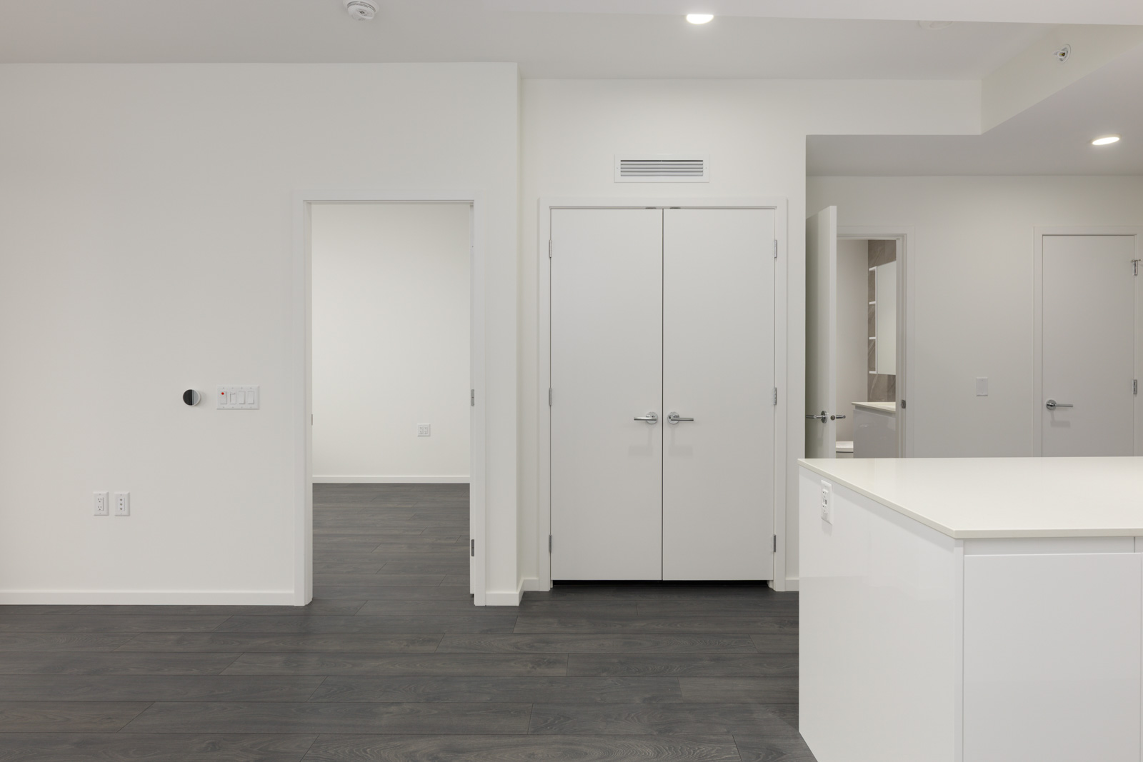 A modern, empty room with white walls, dark wood flooring, double doors, and a partial view of a white kitchen counter.