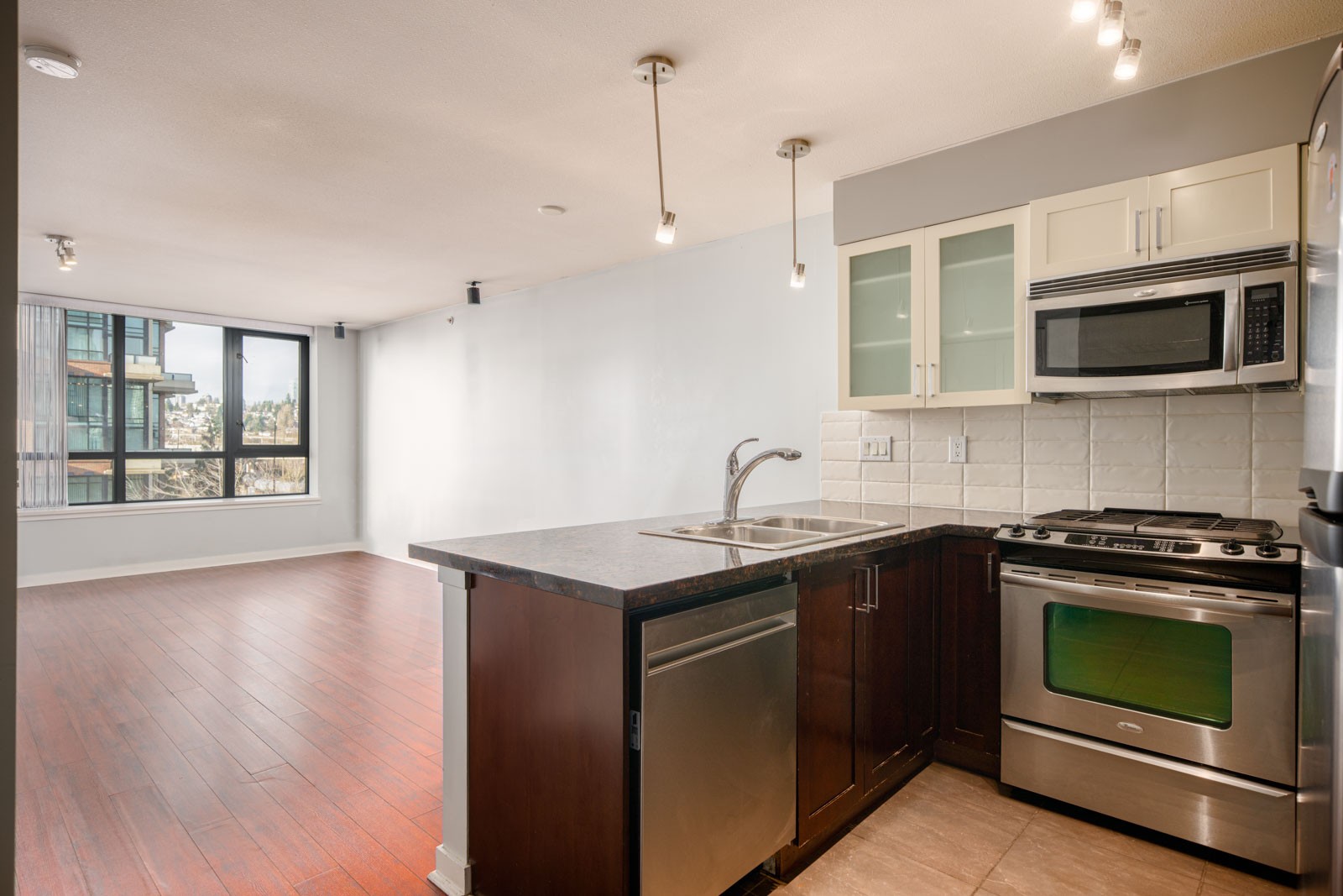 Modern apartment with a kitchen featuring stainless steel appliances and an open living area with large windows and wood flooring.
