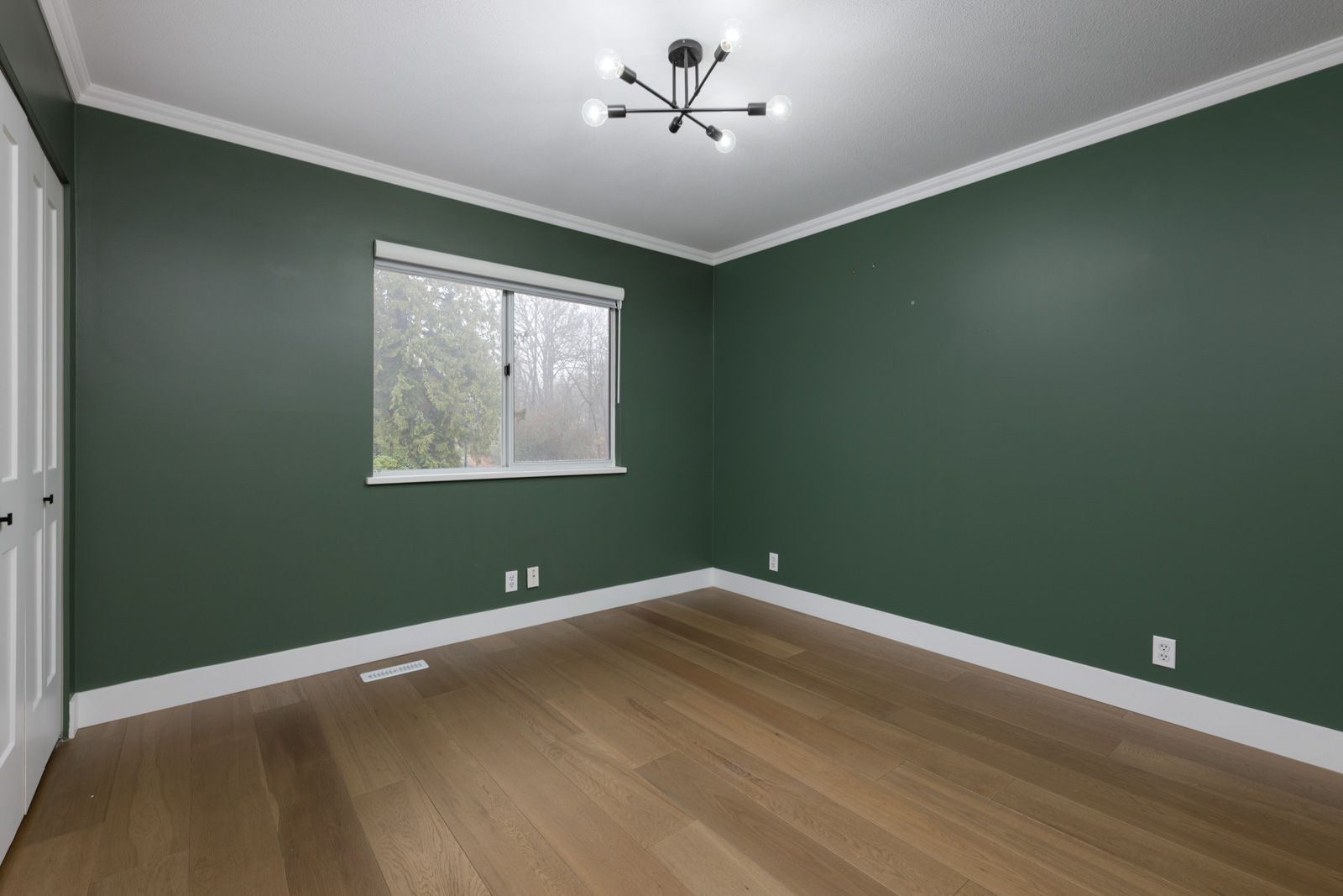 Empty room with green walls, light wood flooring, a window, white trim, and a modern ceiling light fixture.