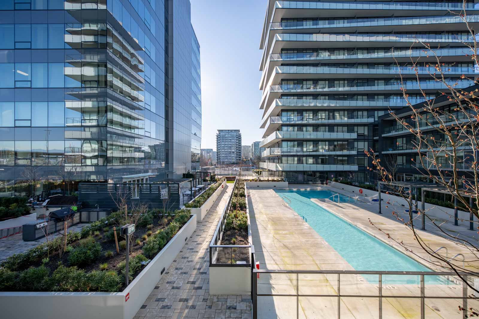 Modern apartment buildings with glass facades flank a rectangular outdoor swimming pool and landscaped walkways under a clear sky.
