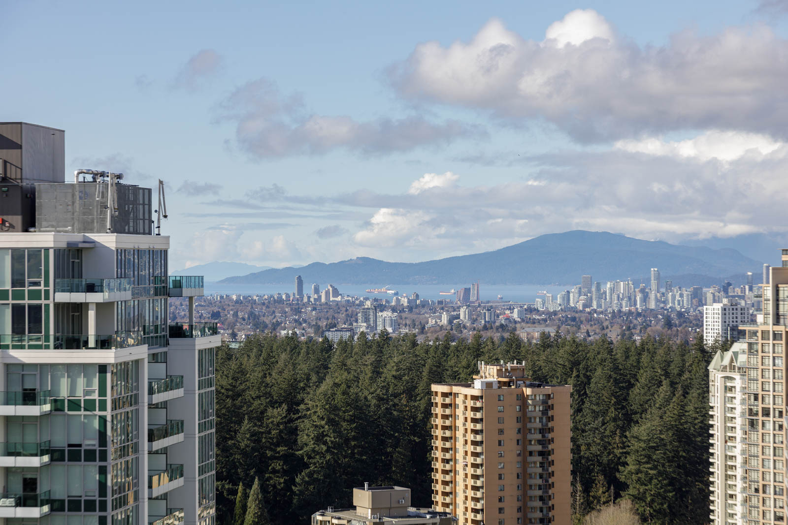 View of modern high-rise buildings in a city with a forested area in the foreground, distant urban skyline, water, and mountains under a partly cloudy sky.
