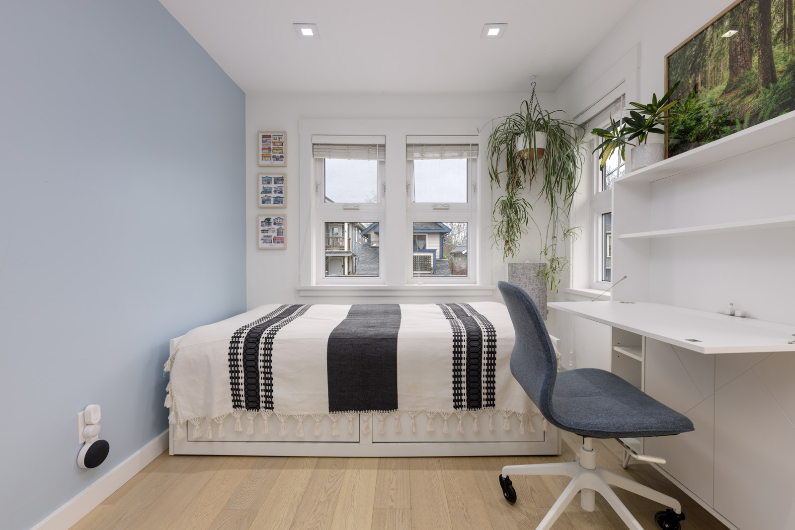 A small, modern bedroom with a bed, a blue accent wall, a white desk with a chair, potted plants, and two windows letting in natural light.