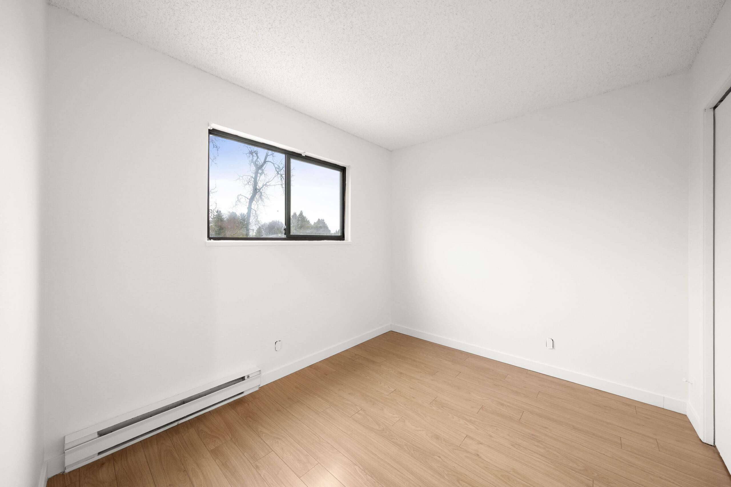 Empty room with white walls, a single window, wood floor, baseboard heater, and a closed closet door. Natural light enters through the window.
