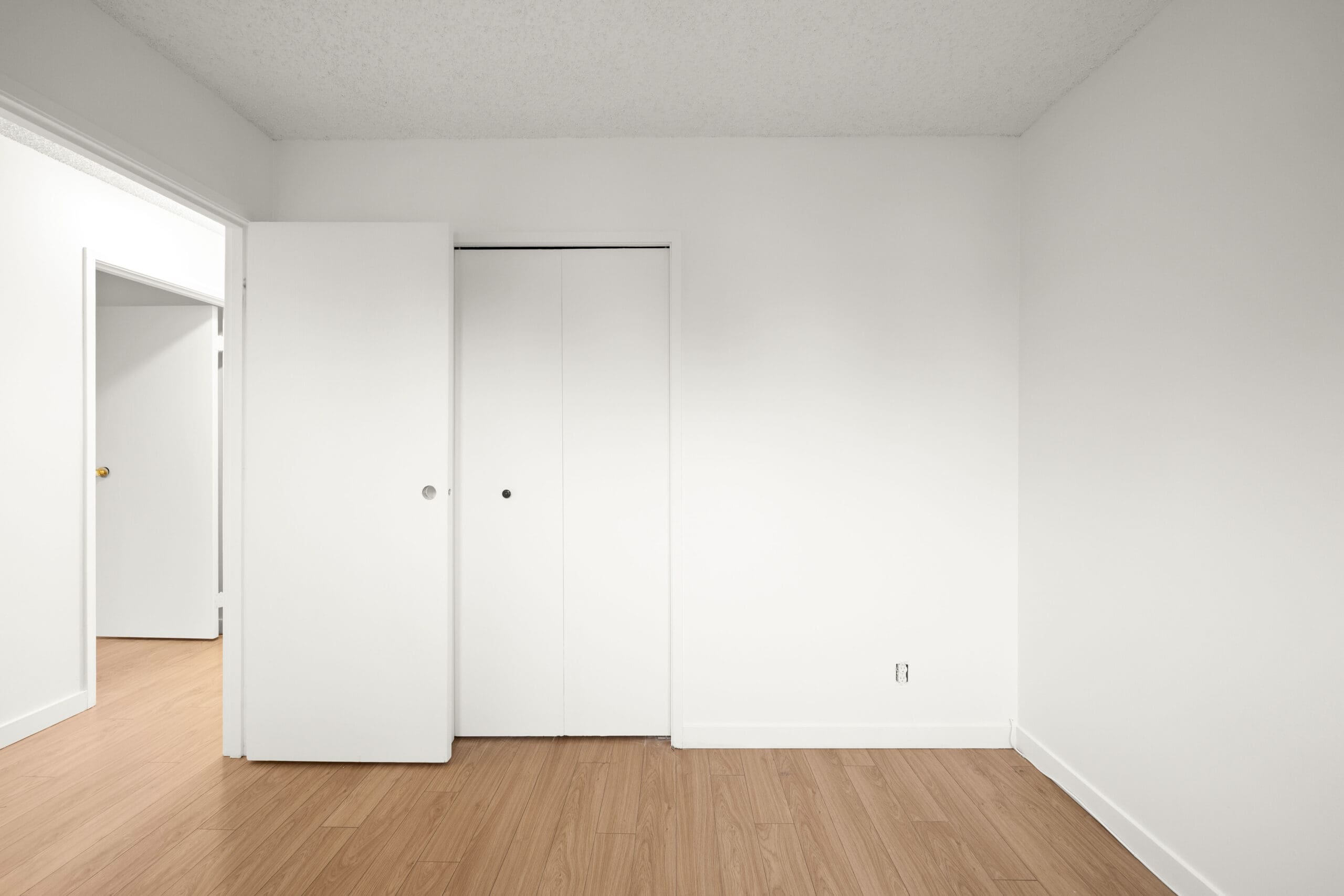 Empty room with white walls, a closed closet door, an open door leading to another room, and light wood flooring.