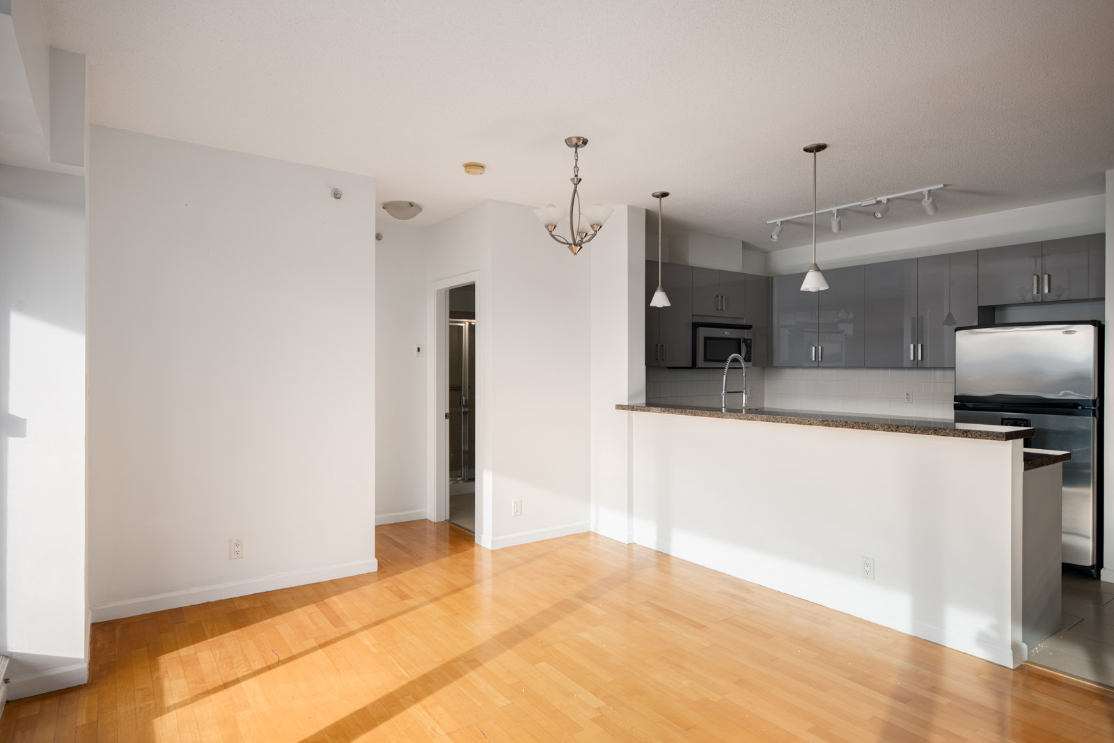 Modern kitchen and dining area with light wood flooring, white walls, gray cabinets, granite countertop, and stainless steel appliances.