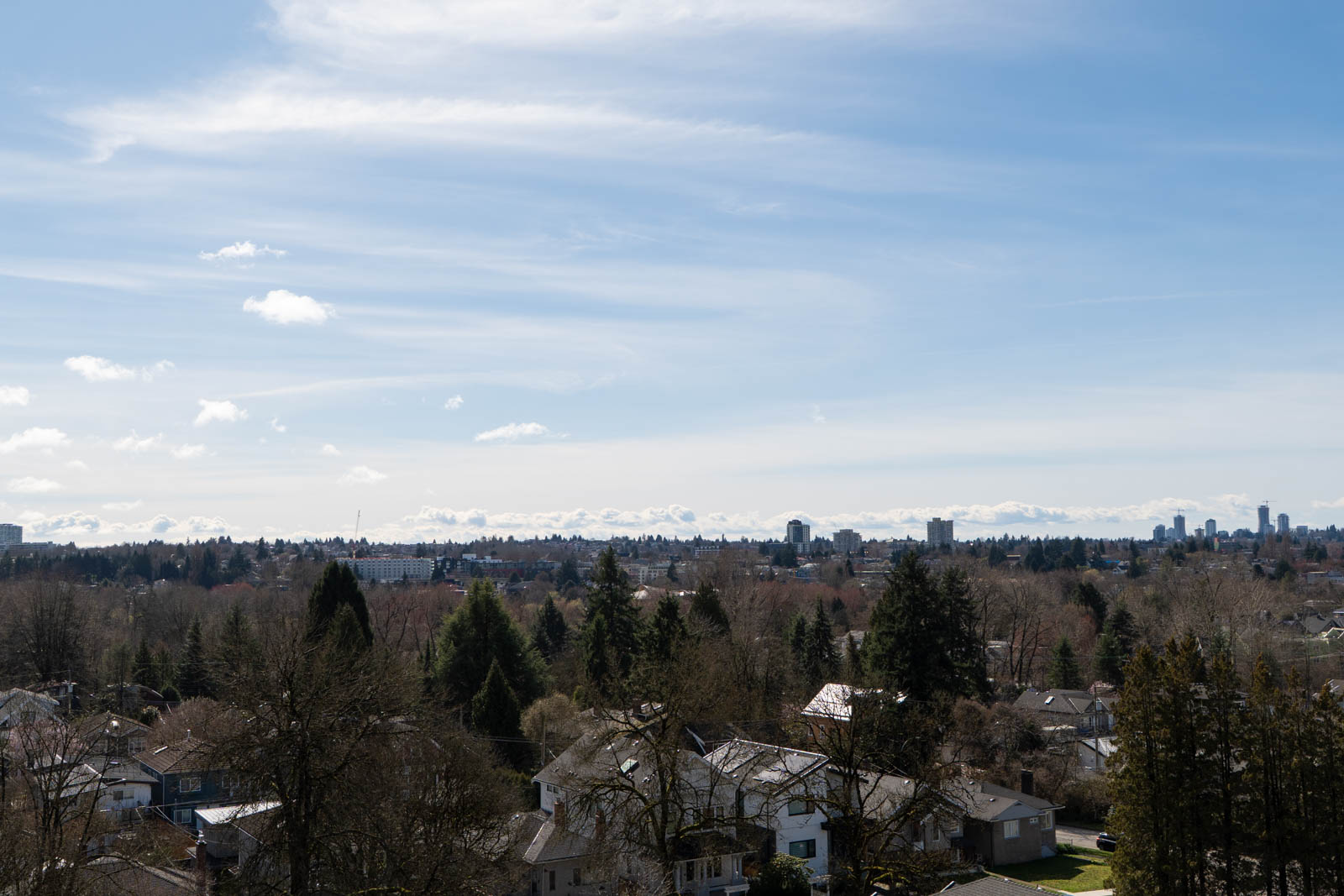 A suburban neighborhood with houses, trees, and a distant city skyline under a blue sky with scattered clouds.