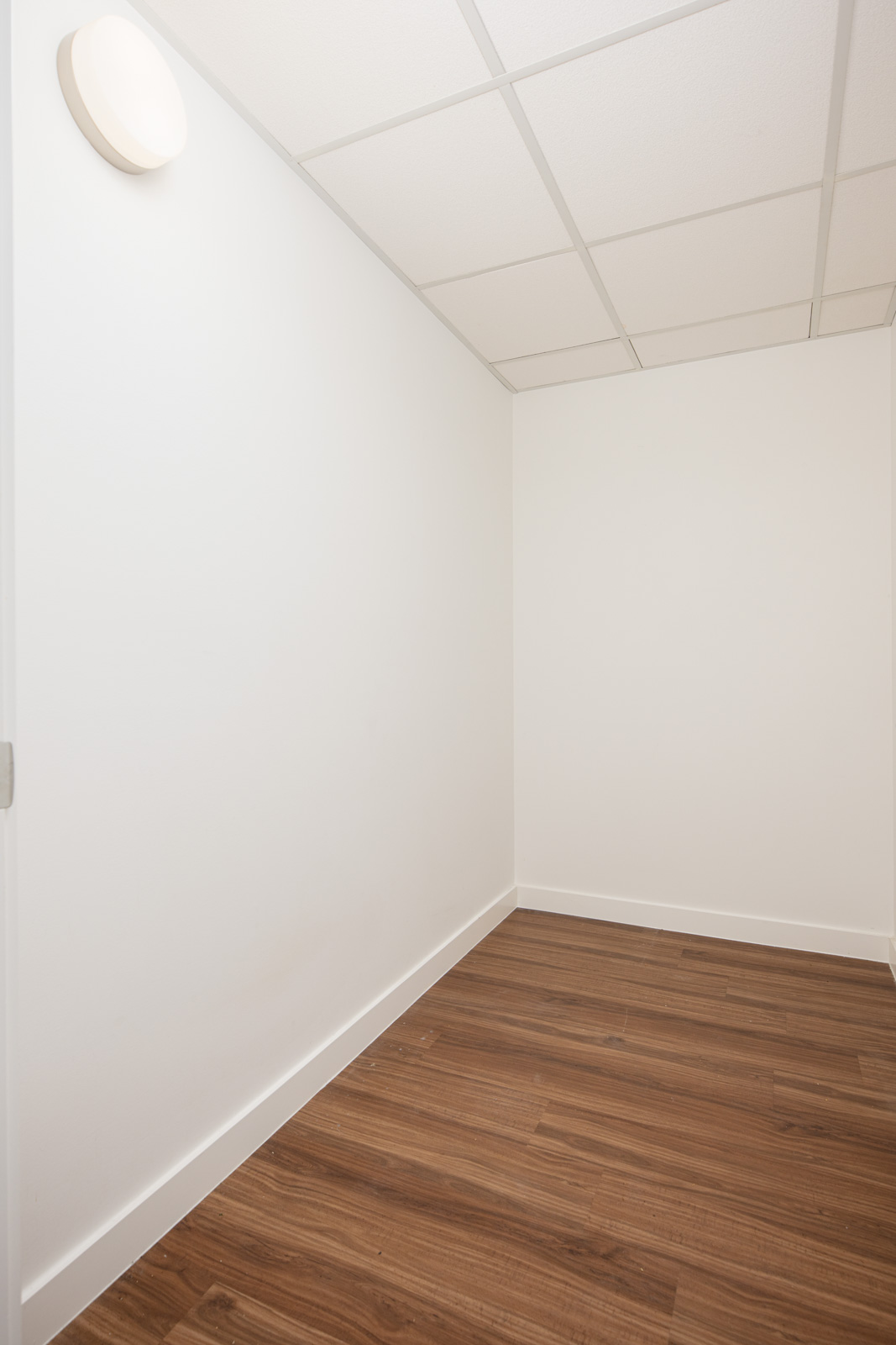 Small empty room with white walls, a white ceiling with grid panels, a round ceiling light, and wood-patterned flooring.