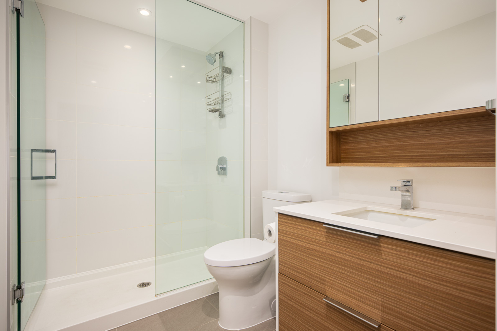 Modern bathroom with glass shower enclosure, white toilet, and wooden vanity with integrated sink and mirror cabinet.