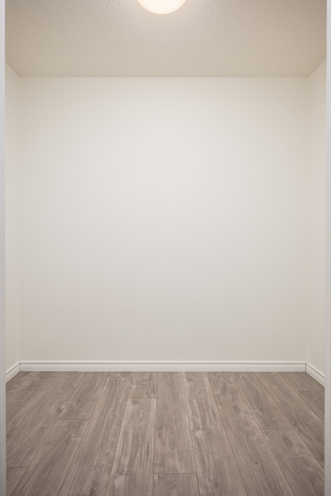 Empty room with white walls, light wooden flooring, and a round ceiling light.
