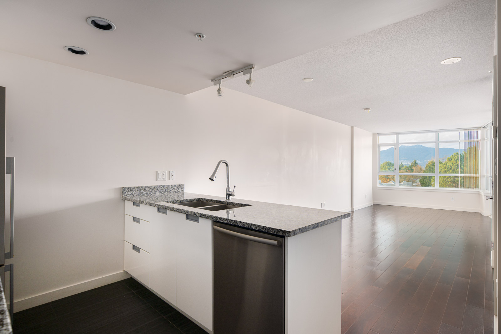 Modern kitchen with white cabinets, stainless steel sink, and granite countertop overlooking an open living area with large windows and a view of trees and mountains.