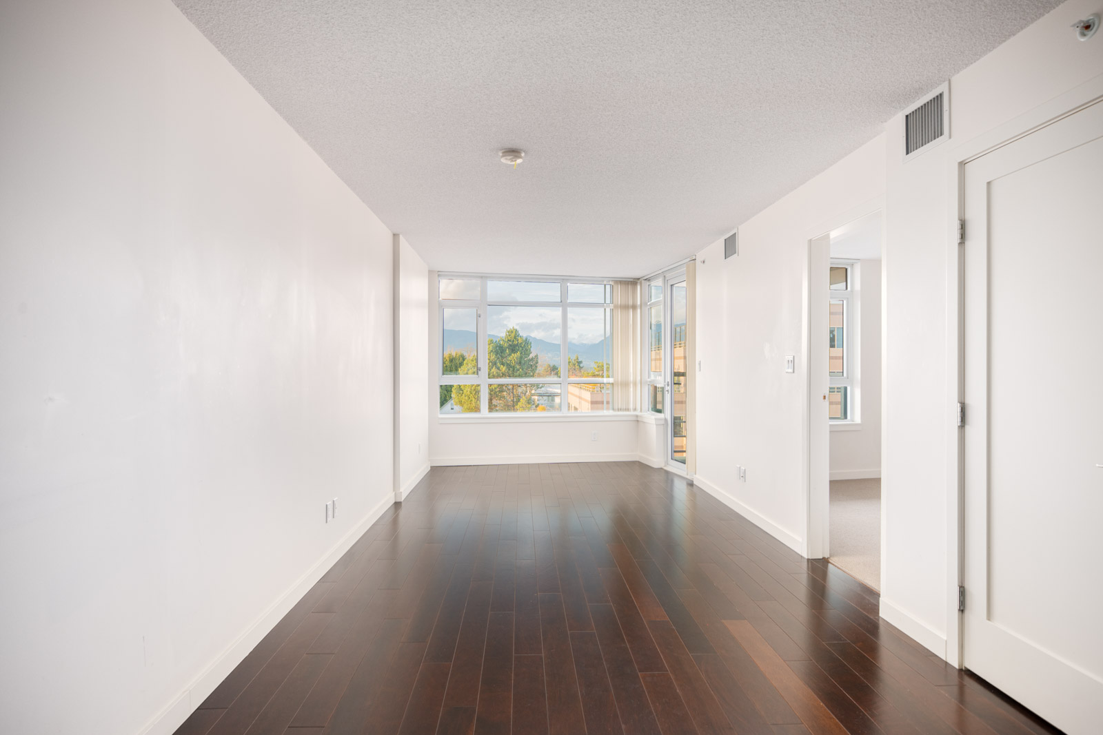Empty modern living room with white walls, dark wood floors, large window, and a door leading to an adjacent room.