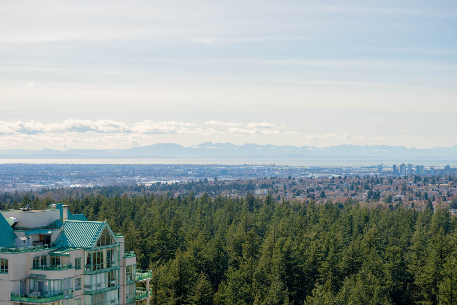 A cityscape with residential buildings, dense forest in the foreground, and distant mountains under a clear sky.
