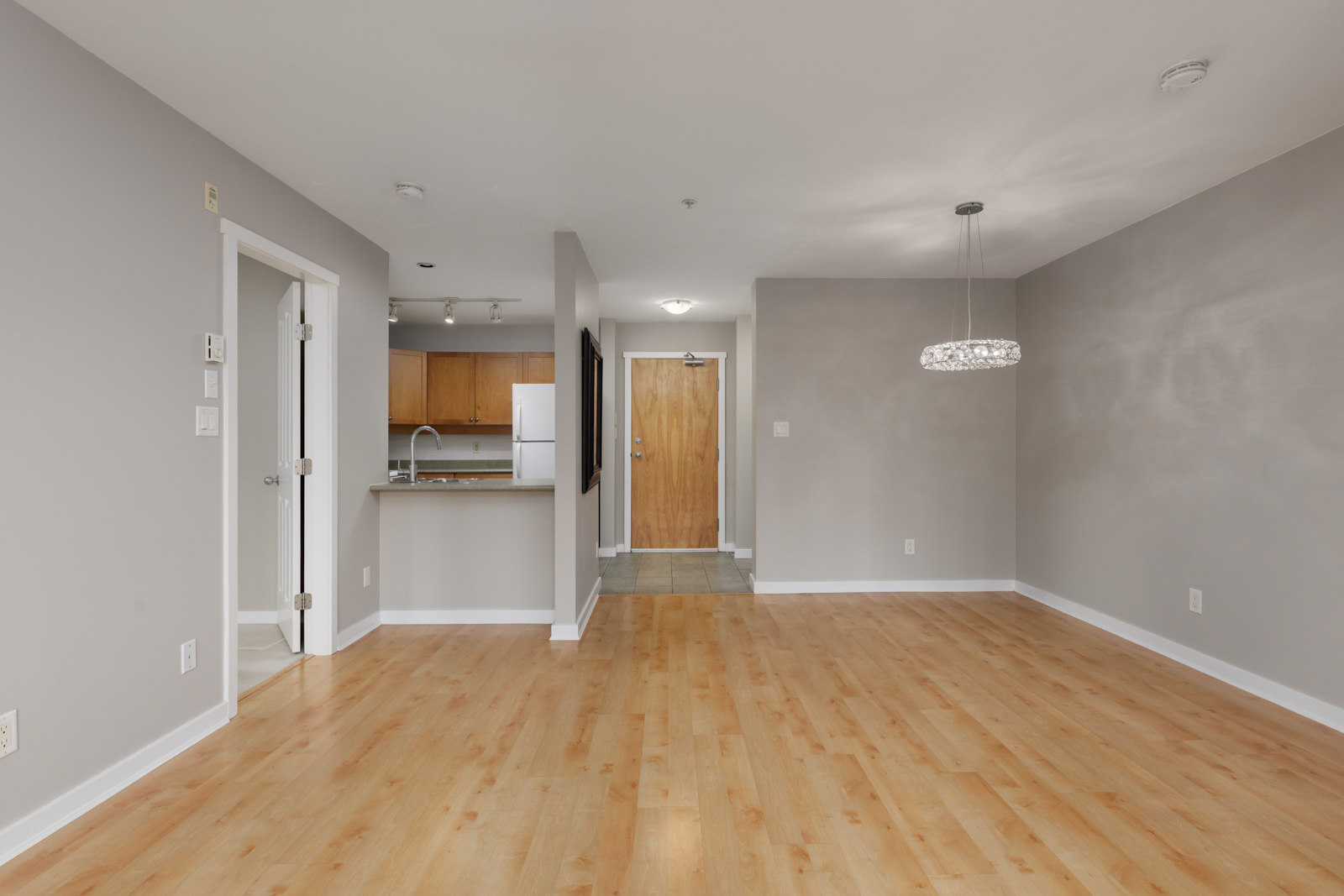 Empty modern apartment interior with light wood flooring, gray walls, an open kitchen area, a hanging light fixture, and a wooden front door.