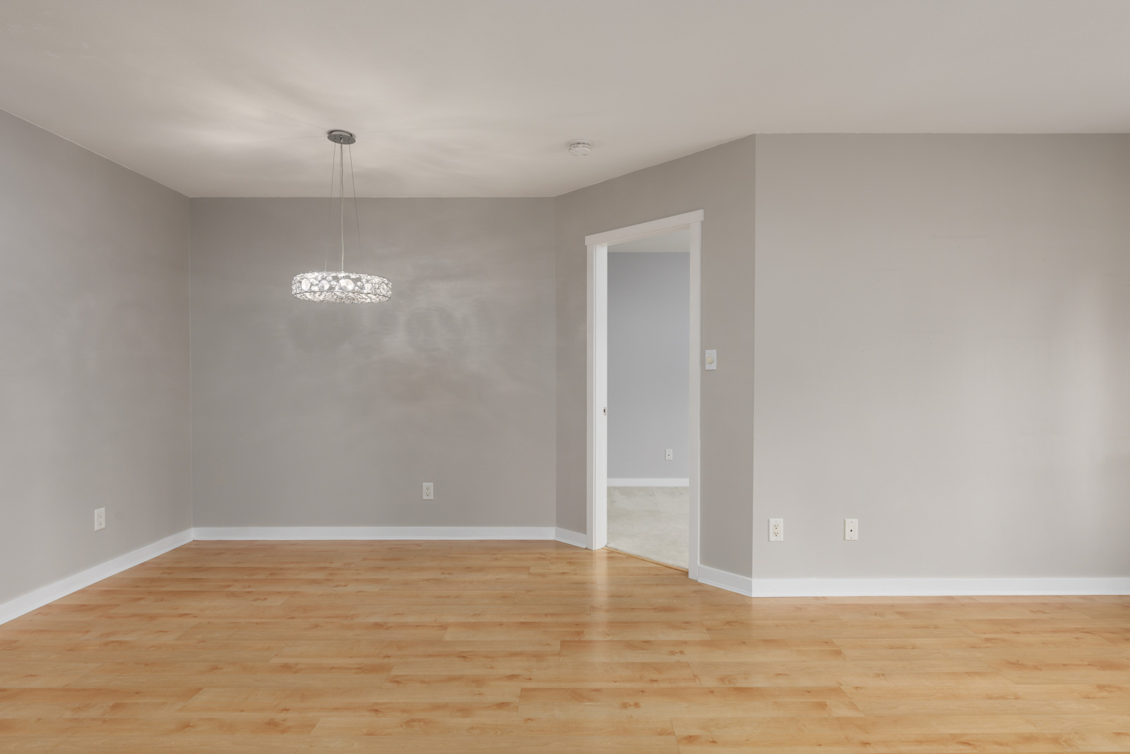 Empty room with light wood flooring, gray walls, a modern hanging light fixture, and an open doorway leading to another room.