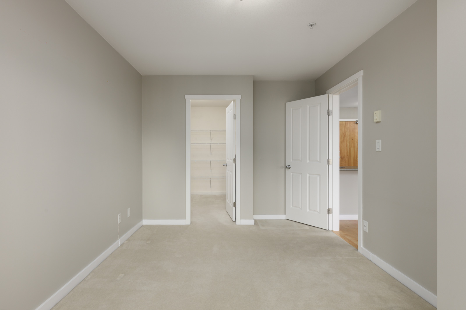 Empty room with beige carpet, light gray walls, and two white doors; one door leads to a closet with shelves, the other to a hallway with wooden flooring.