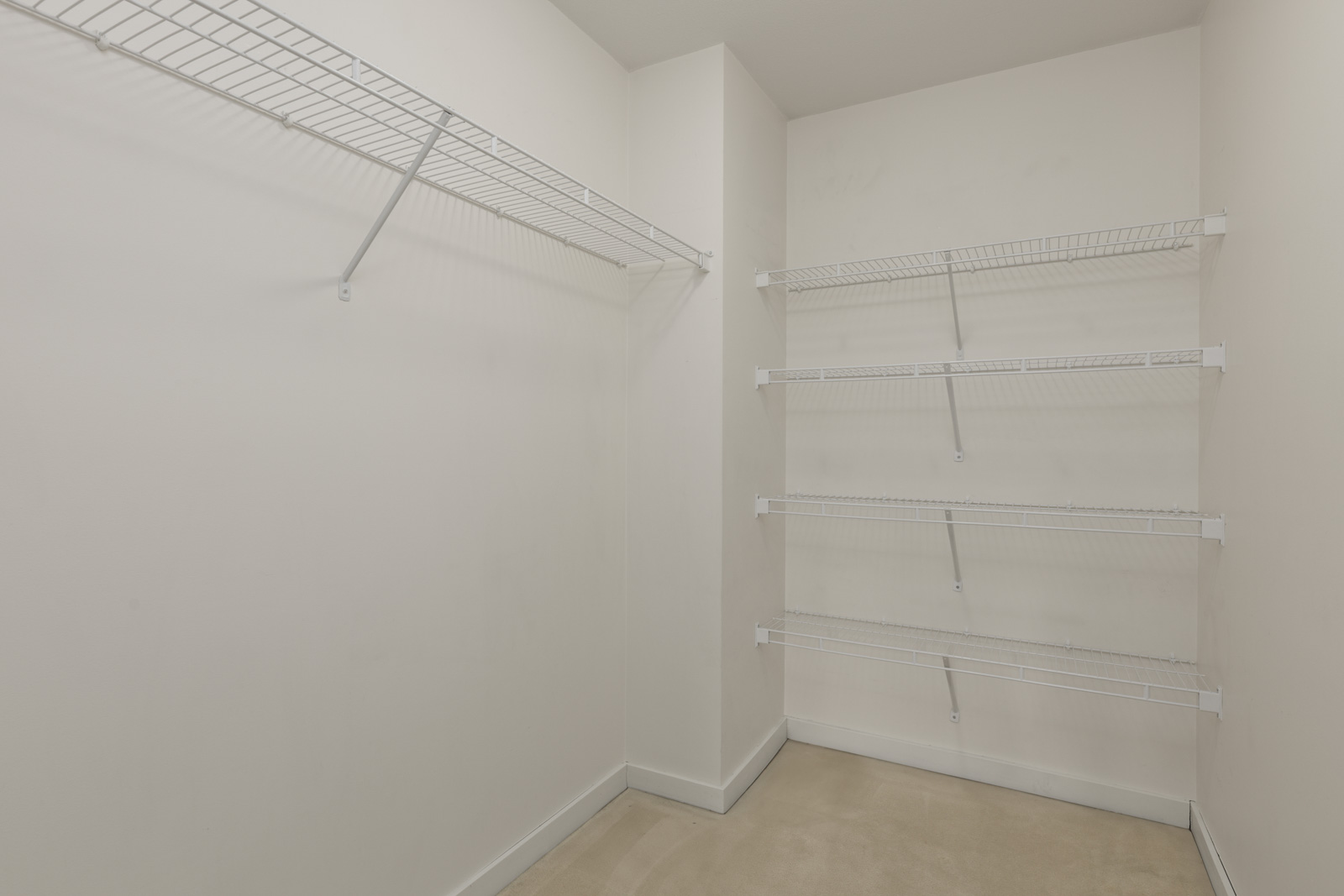 Empty walk-in closet with white wire shelving on the left wall and the back wall, beige floor, and plain white walls.