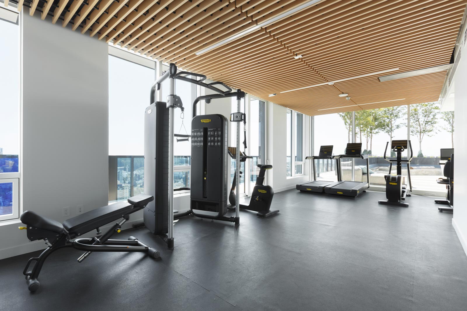 Modern gym with weight machines, treadmills, stationary bikes, and a weight bench, featuring large windows and wood-paneled ceiling.
