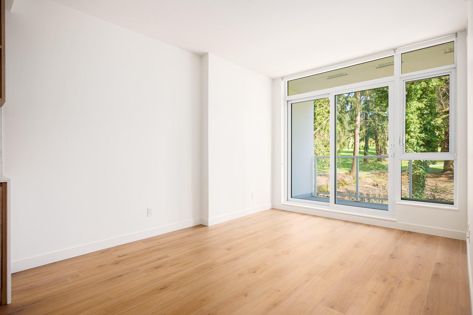 Empty room with light wood flooring, white walls, and large floor-to-ceiling windows offering a view of green trees and outdoor space.