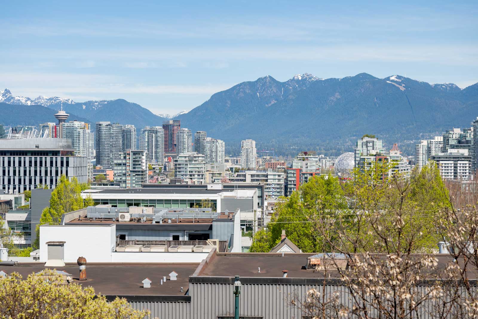 View of a cityscape with modern buildings and green trees in the foreground, mountains with some snow in the background under a clear blue sky.