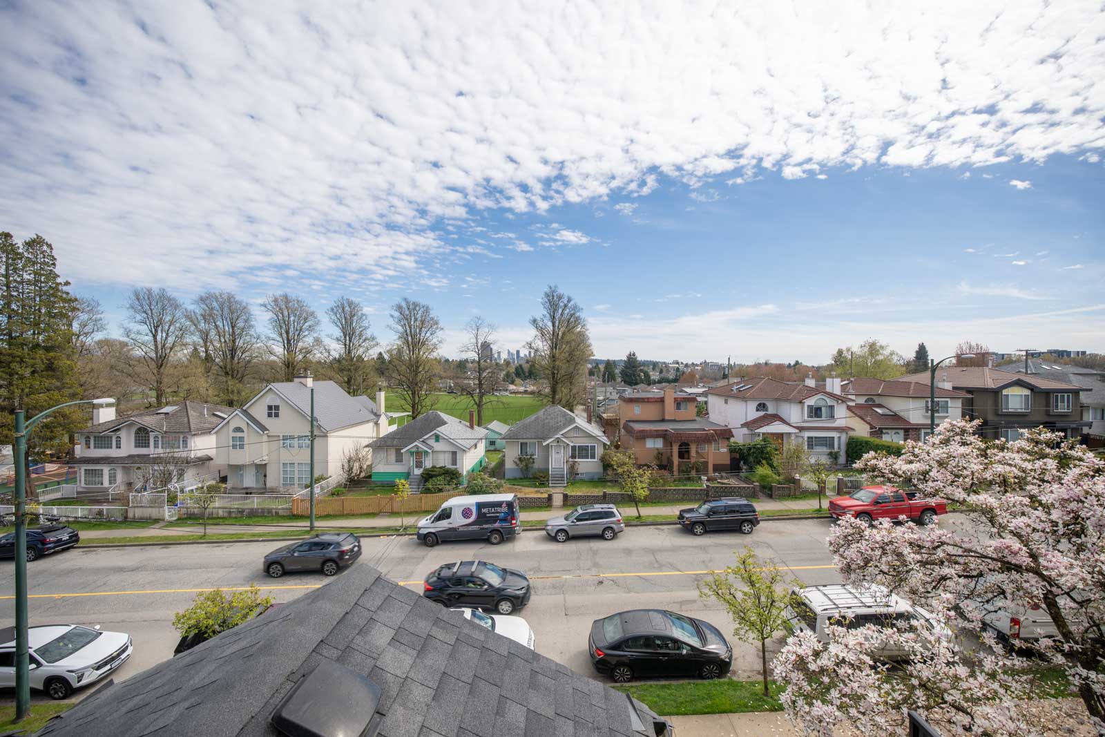 Residential street with parked cars, houses, blooming trees, and a park with leafless trees in the background under a partly cloudy sky.