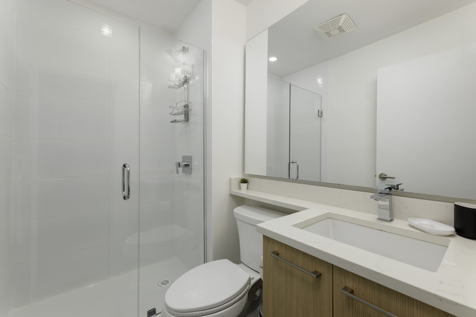 Modern bathroom with glass shower enclosure, white toilet, large mirror, and sink on a wooden vanity with a light countertop.