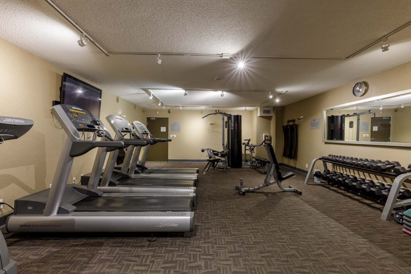 A small gym room with treadmills, a multi-gym machine, dumbbells on a rack, a stationary bike, mirrors, and a wall-mounted TV.