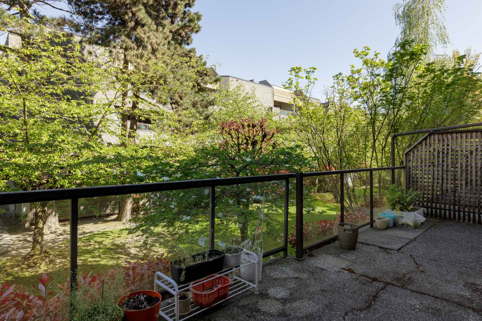 A concrete balcony with potted plants overlooks a green courtyard with trees and apartment buildings in the background on a sunny day.
