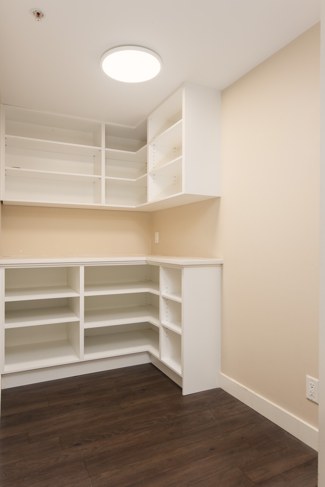 Empty pantry with white open shelves and cabinets, beige walls, dark wood flooring, and a round ceiling light.
