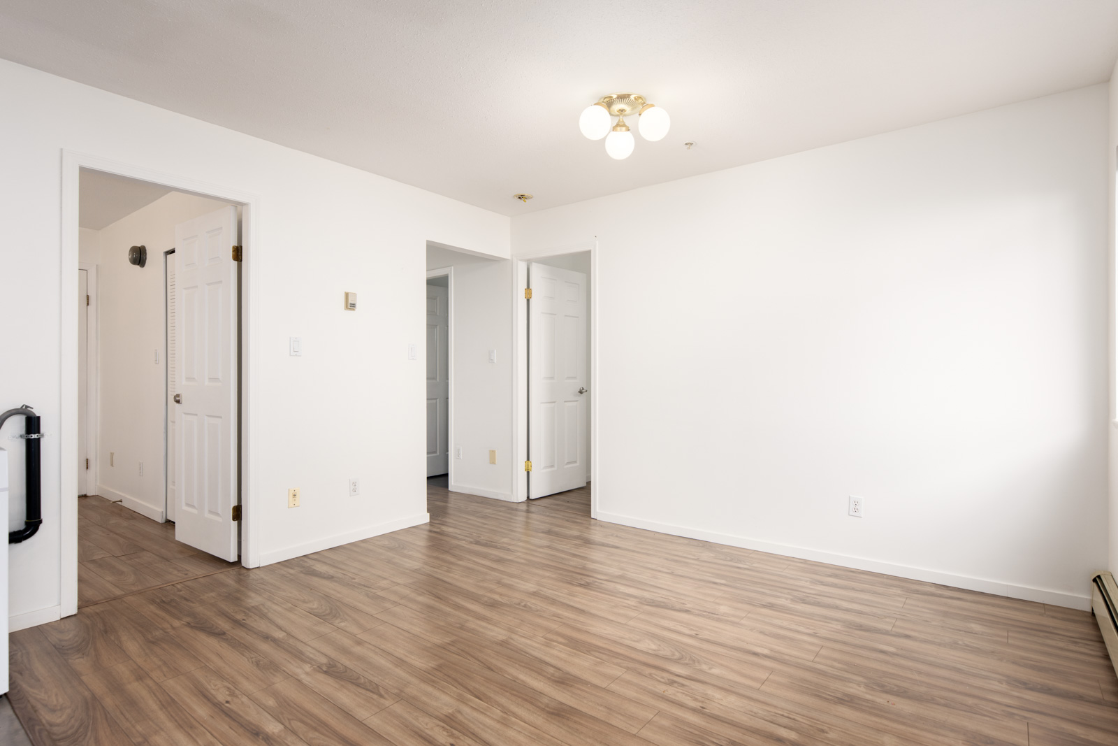 Empty room with white walls, wood laminate flooring, three white doors, a ceiling light fixture, and baseboard heating along the right wall.