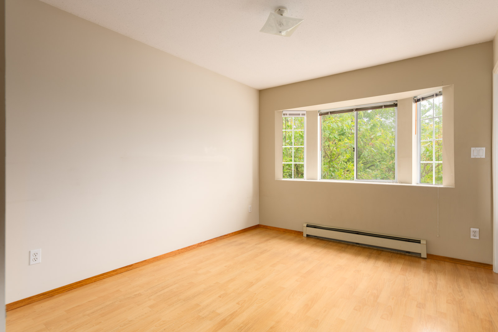 Empty room with light-colored walls, wood flooring, a baseboard heater, and a large window showing green trees outside.