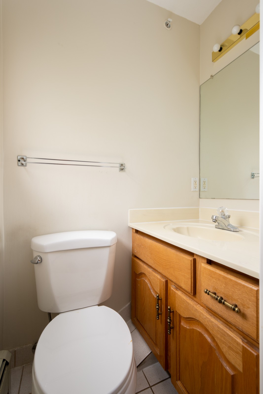 Small bathroom with a toilet, wooden vanity with sink, large mirror, towel bar, and beige walls.