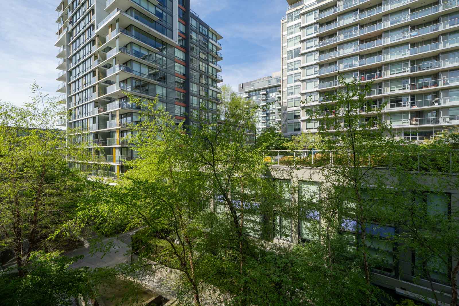 Tall modern apartment buildings with glass balconies rise behind leafy green trees on a sunny day.