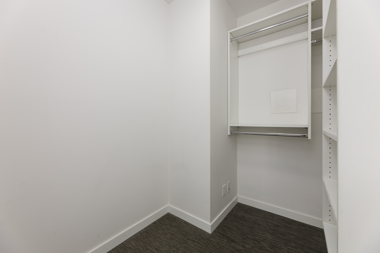 Empty walk-in closet with white walls, built-in shelves on the right, and a metal hanging rod on the back wall. Carpeted floor in a dark color.