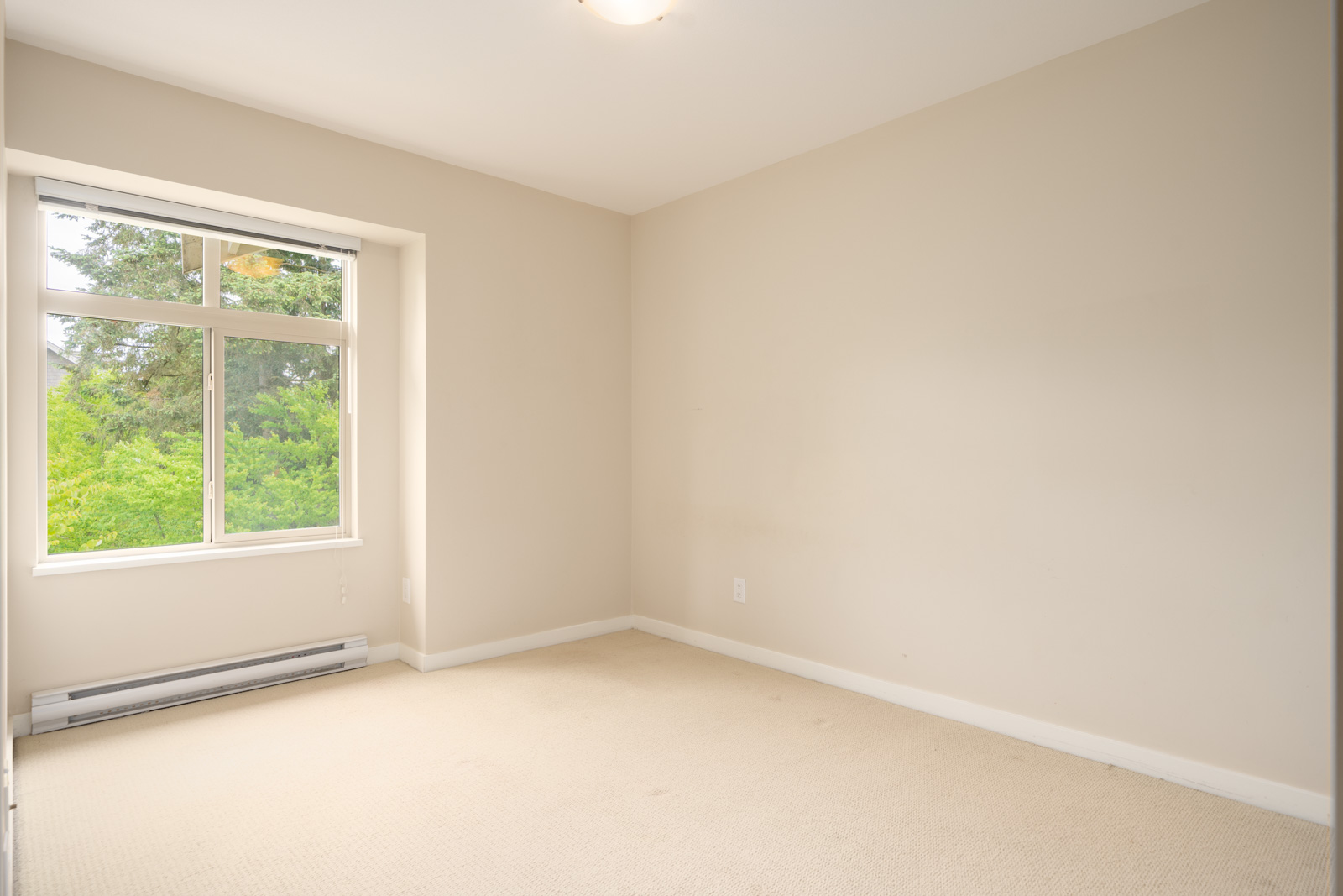 Empty room with beige carpet, light-colored walls, and a window overlooking green trees. Ceiling light and baseboard heater visible.