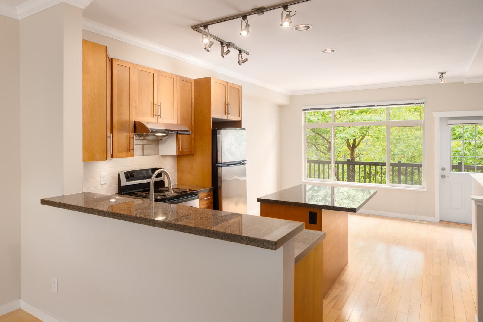 Modern kitchen with wood cabinets, granite countertops, stainless steel appliances, and track lighting, adjacent to a bright living area with large windows and hardwood floors.