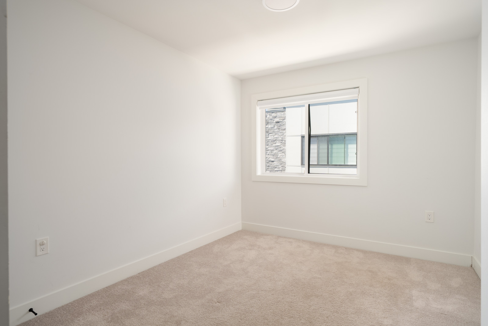 An empty, small room with white walls, beige carpet, and a single window showing part of a modern building outside.