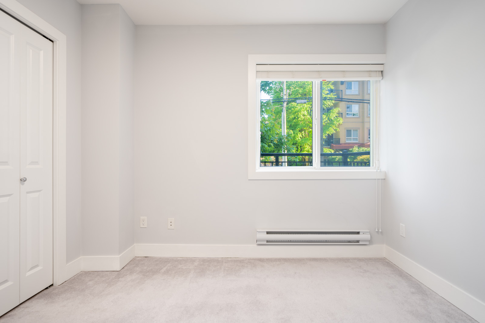 Empty room with light gray walls, white trim, a closed closet door, beige carpet, and a window showing trees and a building outside.