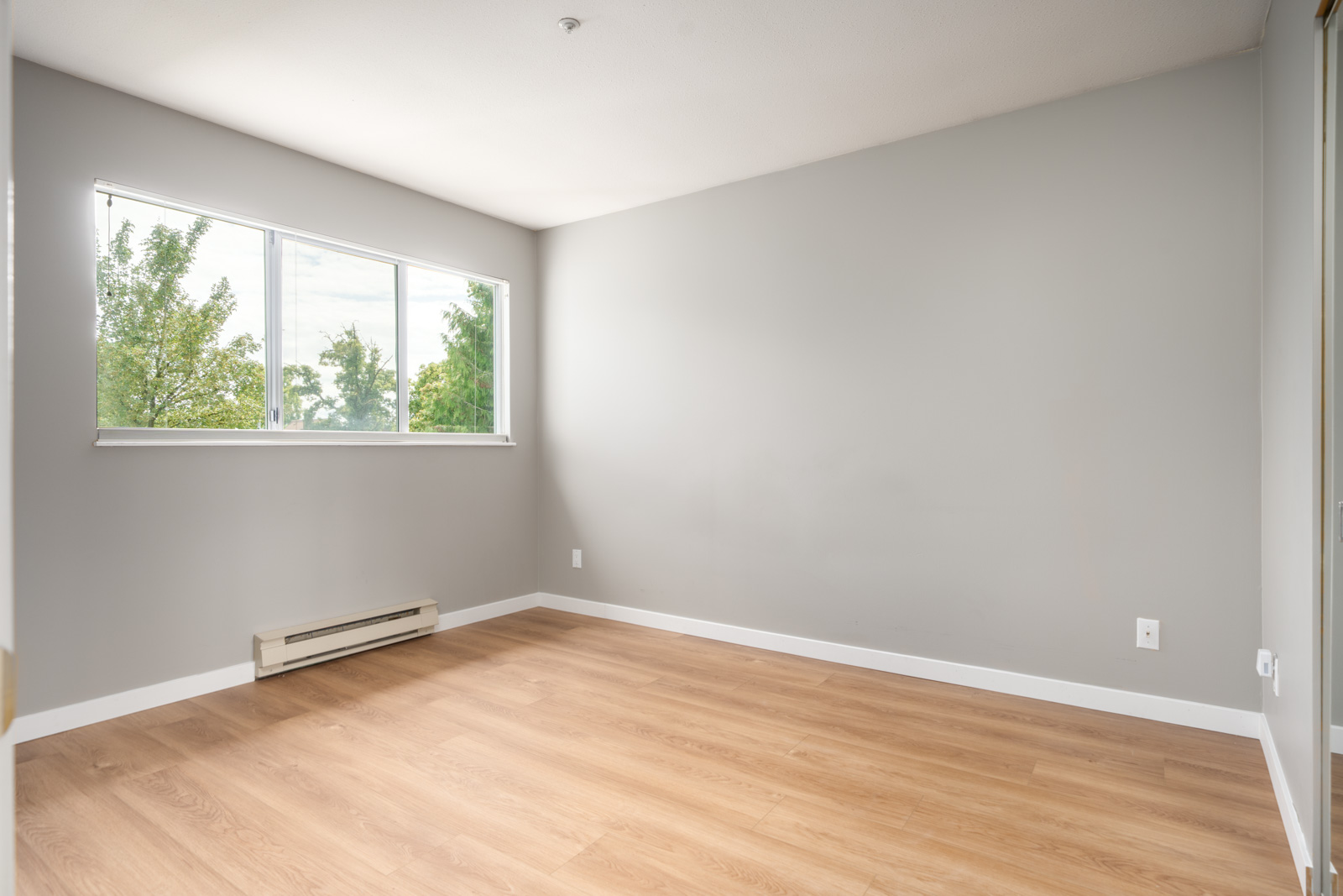 Empty room with light gray walls, a large window, wood flooring, white baseboards, and a wall-mounted baseboard heater beneath the window.