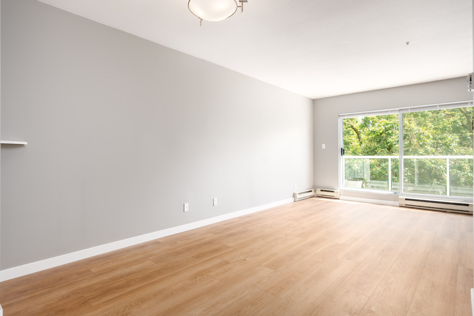 Empty room with light wood flooring, gray walls, ceiling light fixture, and large windows overlooking green trees.