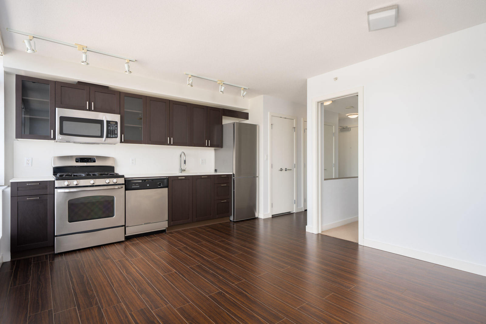 Modern kitchen with dark cabinets, stainless steel appliances, and wood flooring, adjacent to a white wall and doorway leading to another room.