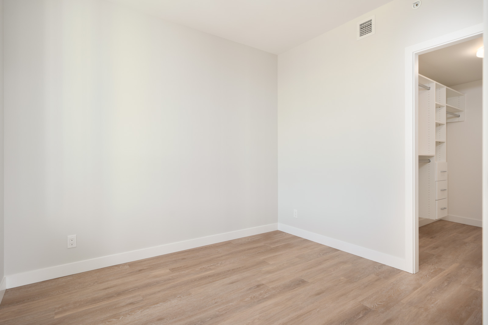 Empty room with light-colored walls, wood flooring, white baseboards, and an open door leading to a walk-in closet with built-in shelves.