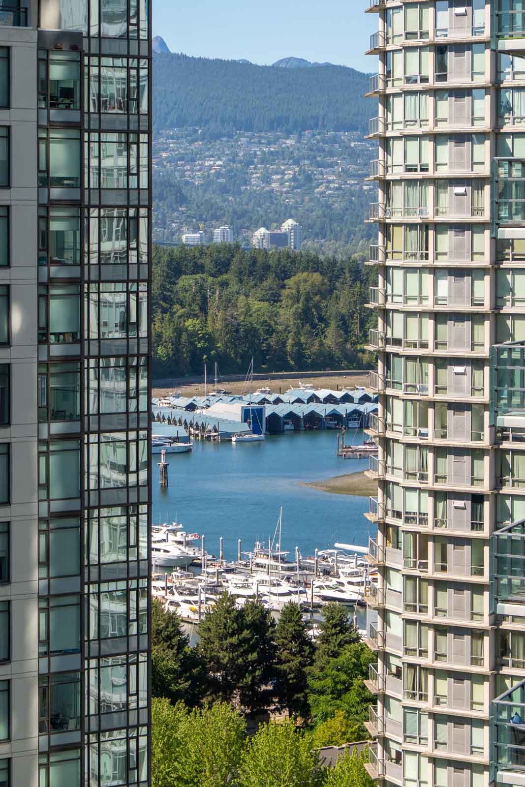 Two high-rise buildings frame a view of a marina with boats, a blue-roofed structure, trees, and forested mountains in the background under a clear sky.