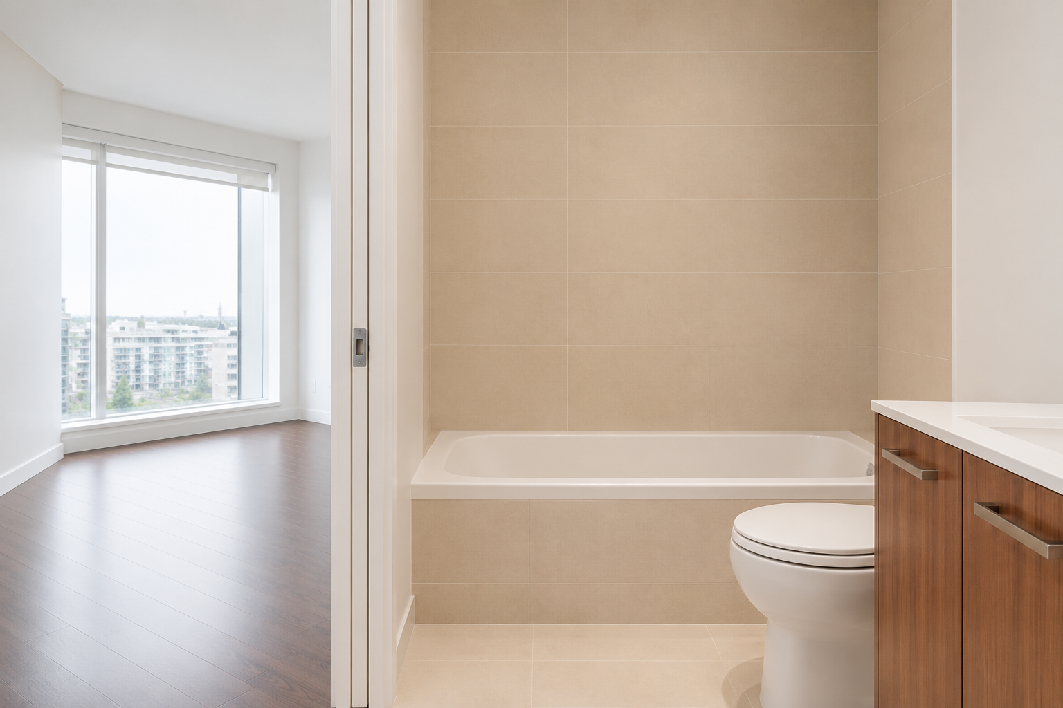 Modern bathroom with a bathtub, toilet, and wood-paneled vanity; adjacent to a bright room with large windows and wood flooring.
