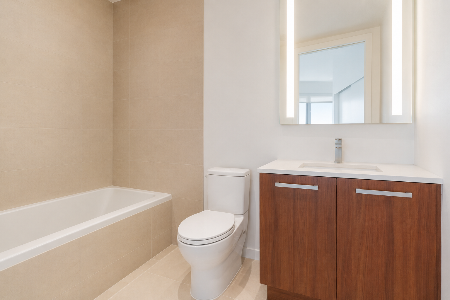 Modern bathroom with a bathtub, toilet, and wooden vanity with a sink and a large mirror. Beige tiles cover the floor and part of the wall.