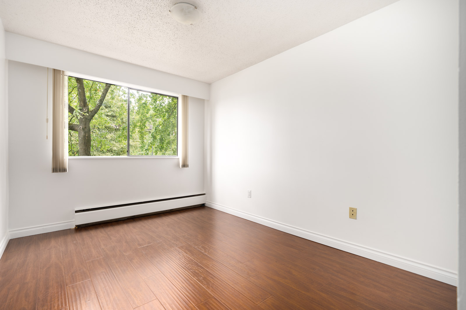 Empty room with white walls, wood-style flooring, a large window with vertical blinds, and trees visible outside.