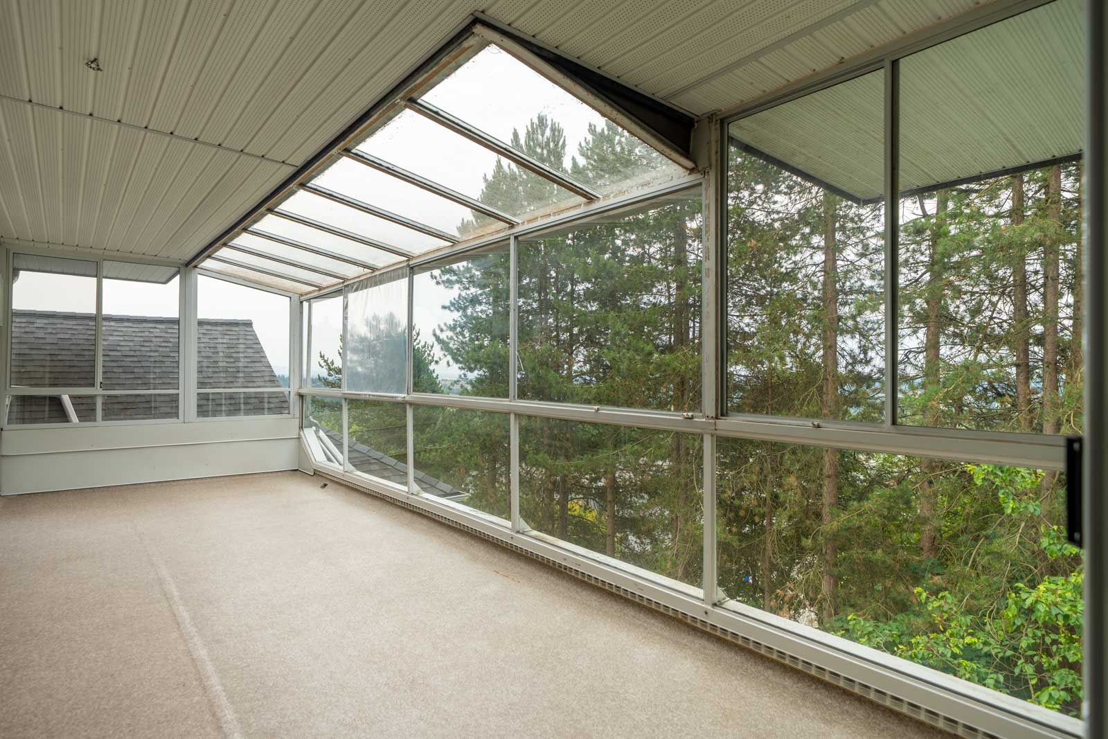 Enclosed sunroom with carpeted floor, large glass windows, and sloped ceiling, overlooking trees and a nearby house roof.