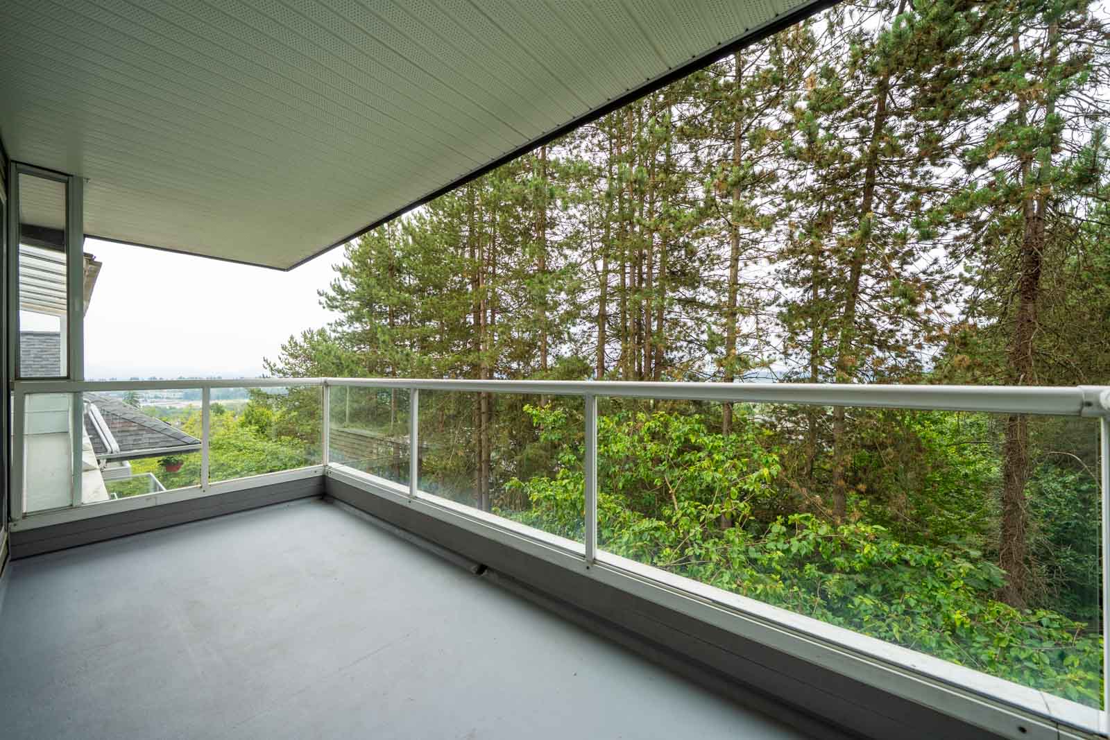 Covered balcony with glass railing, overlooking leafy trees, distant rooftops, and a glimpse of blue sky.
