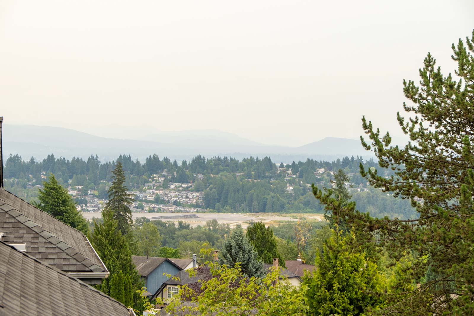 Suburban neighborhood with houses and trees, mountains in the distance beneath a hazy sky.
