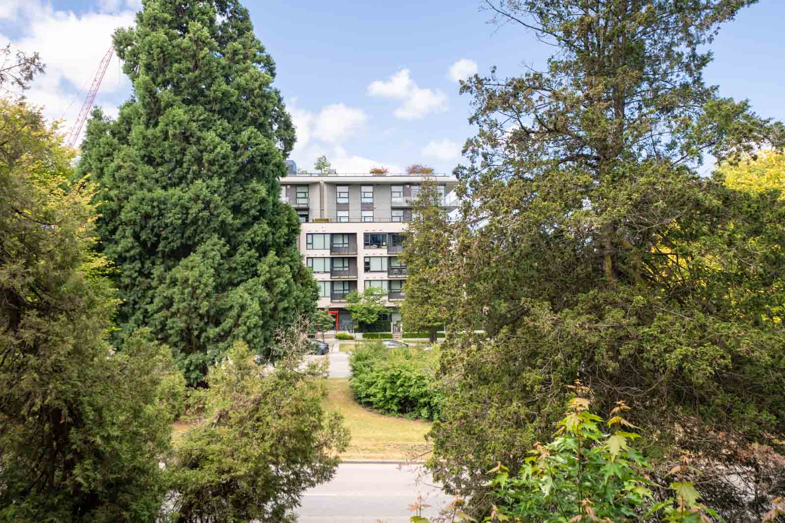 A mid-rise apartment building is partially obscured by tall, leafy trees, with a street and grassy area in the foreground under a partly cloudy sky.