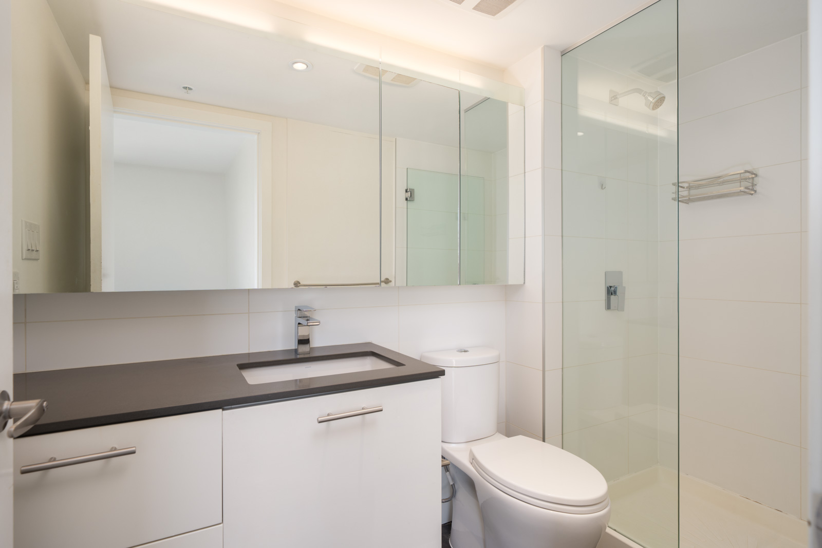 Modern bathroom with white cabinets, black countertop, toilet, large mirror, and a glass shower with chrome fixtures.